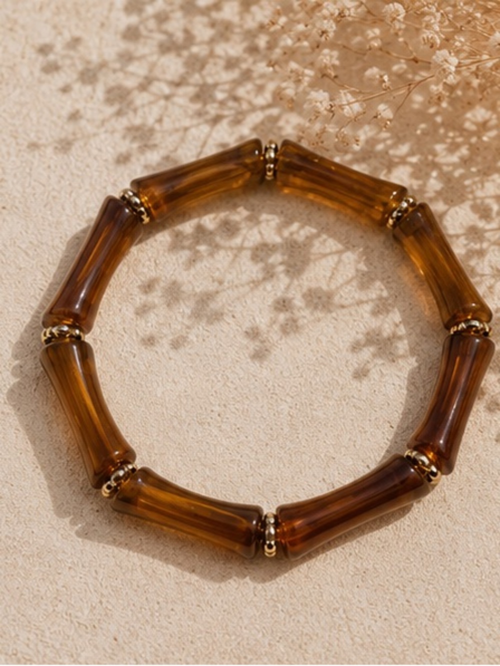 🤎 Honey Amber Bamboo Tube Stretch Bracelet Gold Accent Boho Bracelet